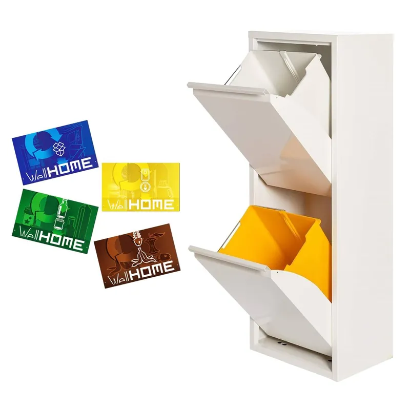 WELL HOME MOBILIARIO & DECORACIÓN Cubo de basura y reciclaje Metálico de 2 compartimentos + 4 etiquetas magnéticas, 2x17L (34L) Blanco mate - Baño