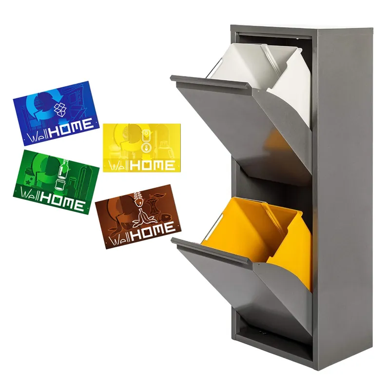 WELL HOME MOBILIARIO & DECORACIÓN Cubo de basura y reciclaje Metálico de 2 compartimentos + 4 etiquetas magnéticas, 2x17L (34L) Gris brillo - Baño