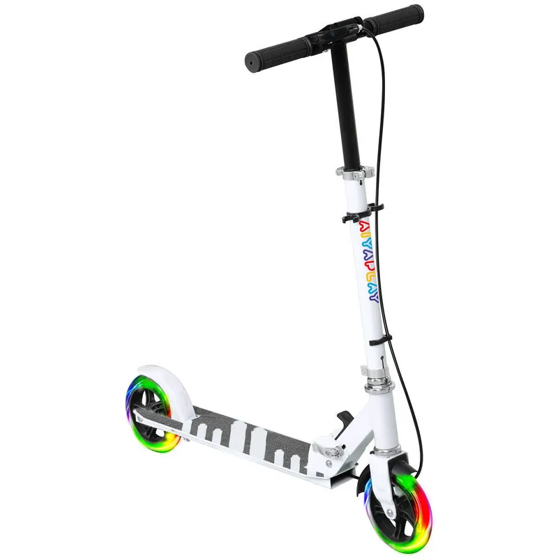 AIYAPLAY Patinete Plegable para Niños de 3-8 Años, Patinete Infantil de 2 Ruedas con Luces, Manillar de 4 Altura Ajustable, Freno Posterior y de Mano, Blanco