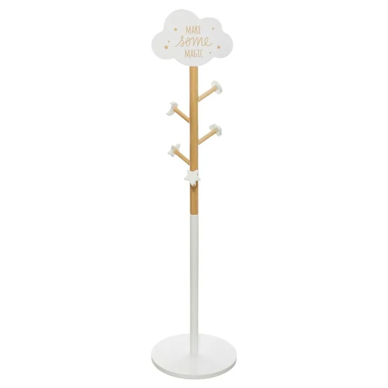 Well Home - Perchero Infantil de Madera con Decoración de Nube - 5 Ganchos Blanco - Ø32 x H.135,5 cm