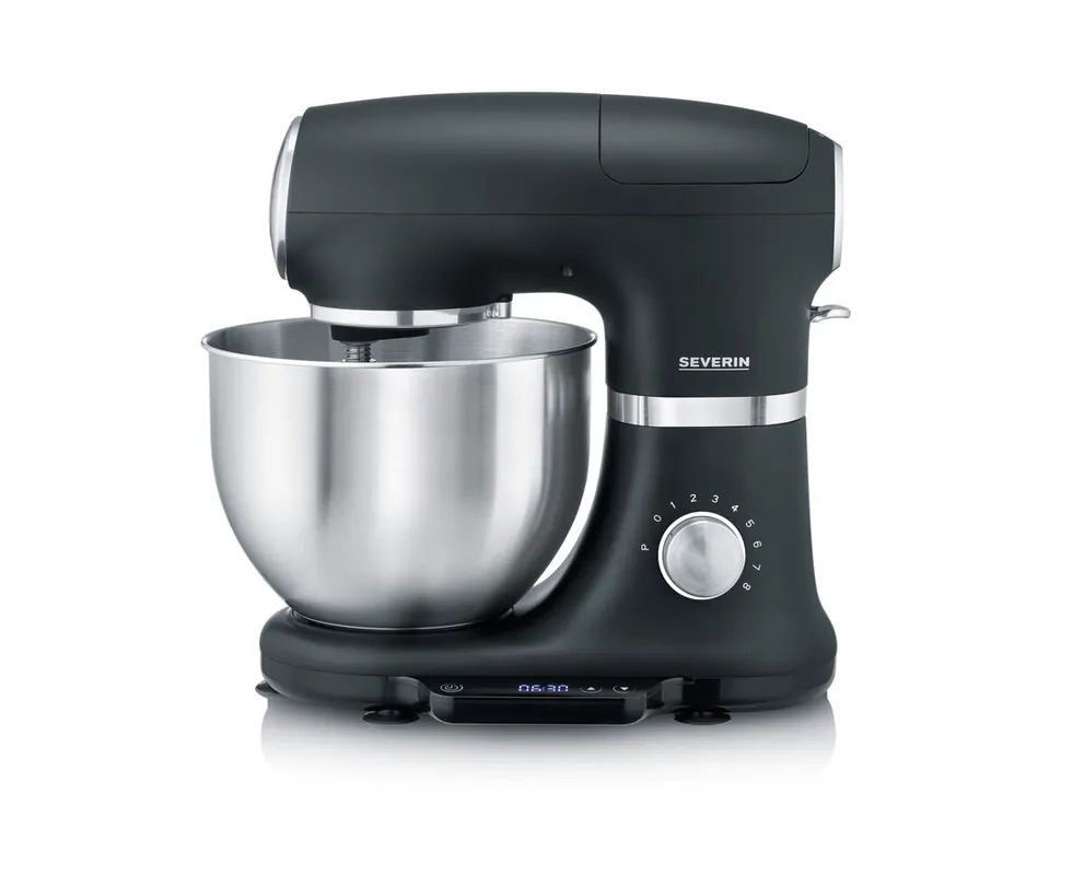 SEVERIN Robot de cocina con báscula, amasadora profesional hasta 3kg, robot multifunción con gancho amasador, batidor plano y varillas, 1000 W, negro mate/acero inoxidable, KM 3898 - Electrodomésticos