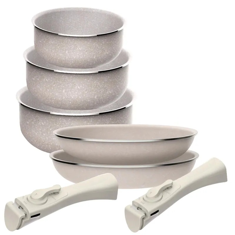 Juego 2 Sartenes Ø24Ø28cm y 3 Cacerolas Ø16Ø18Ø20cm en aluminio prensado con revestimiento ILAG con 2 mangos extraibles - Cocina