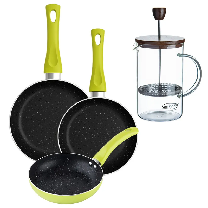 Set 3 sartenes San Ignacio (20+24+28cm) aluminio prensado verde+Cafetera de émbolo de vidrio borosilicato 15,8x10x18,8cm - Cocina