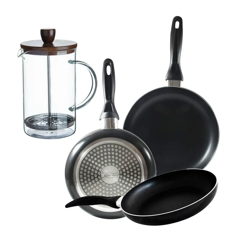Set 3 sartenes San Ignacio(16,20,24cm) aluminio prensado, apto para inducción+Cafetera de émbolo de vidrio borosilicato 15,8x10x18,8cm - Cocina