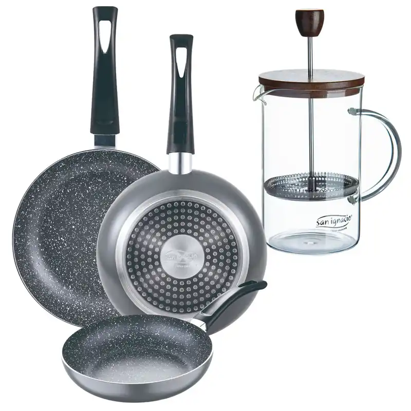 Set 3 sartenes San Ignacio (16+20+24cm) aluminio prensado ind negra+Cafetera de émbolo de vidrio borosilicato 15,8x10x18,8cm - Cocina