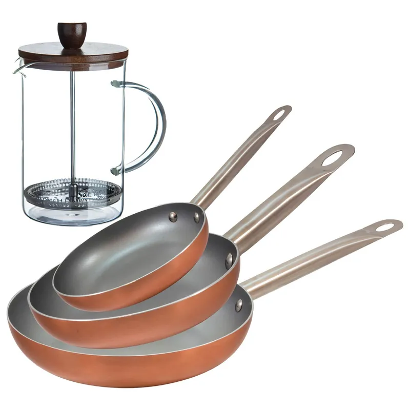Set 3 sartenes San Ignacio (18,22,26cm) aluminio prensado, aptas para inducción+Cafetera de émbolo de vidrio borosilicato 15,8x10x18,8cm - Cocina