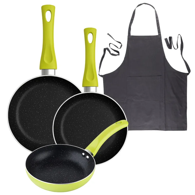 Set 3 sartenes San Ignacio (20+24+28cm) aluminio prensado verde+Delantal de Cocina Gris oscuro 100% Algodón 75x80cm