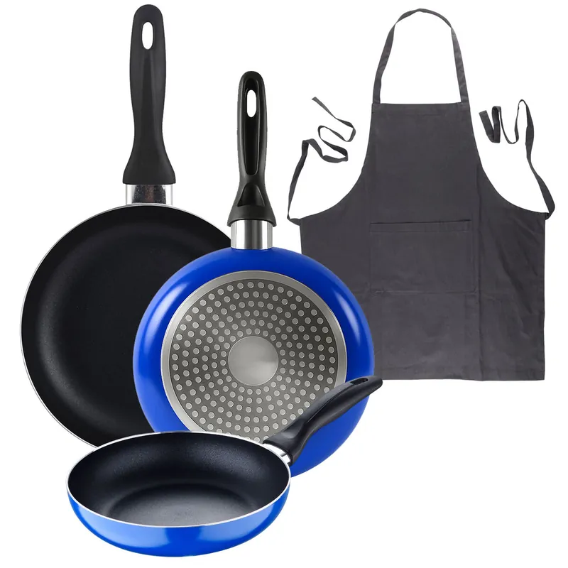 Set 3 sartenes San Ignacio (16+20+24cm) aluminio prensado ind azul+Delantal de Cocina Gris oscuro 100% Algodón 75x80cm