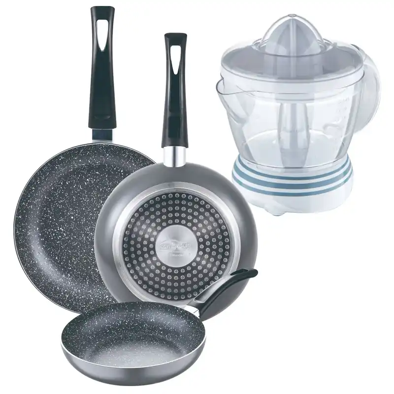 Set 3 sartenes San Ignacio (16+20+24cm) aluminio prensado ind negra+Exprimidor de 40W de Potencia - Capacidad de 1.2 Litros