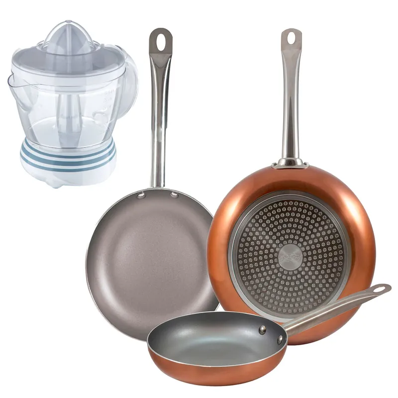 Set 3 sartenes San Ignacio (18,22,26cm) aluminio prensado, aptas para inducción+Exprimidor de 40W de Potencia - Capacidad de 1.2 Litros