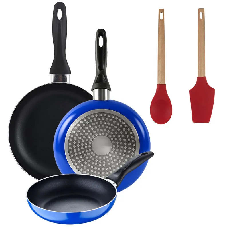Set 3 sartenes San Ignacio (16+20+24cm) aluminio prensado ind azul+Juego de 2 utensilios de cocina de silicona