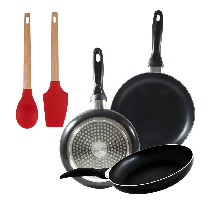 Set 3 sartenes San Ignacio(16,20,24cm) aluminio prensado, apto para inducción+Juego de 2 utensilios de cocina de silicona