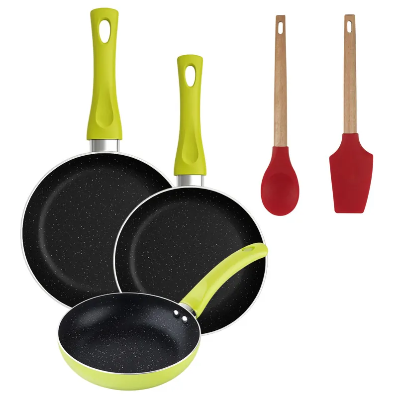 Set 3 sartenes San Ignacio (20+24+28cm) aluminio prensado verde+Juego de 2 utensilios de cocina de silicona