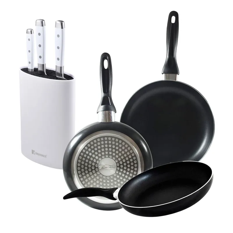 Set 3 sartenes San Ignacio(16,20,24cm) aluminio prensado, apto para inducción+Juego de 3 Cuchillos de acero inoxidable + Tacoma en color Blanco - Cocina