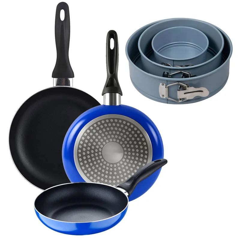 Set 3 sartenes San Ignacio (16+20+24cm) aluminio prensado ind azul+Juego de 3 moldes de horno redondos Ø12Ø18Ø22cm - Cocina