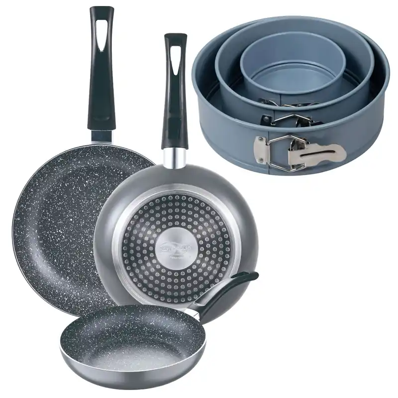 Set 3 sartenes San Ignacio (16+20+24cm) aluminio prensado ind negra+Juego de 3 moldes de horno redondos Ø12Ø18Ø22cm - Cocina