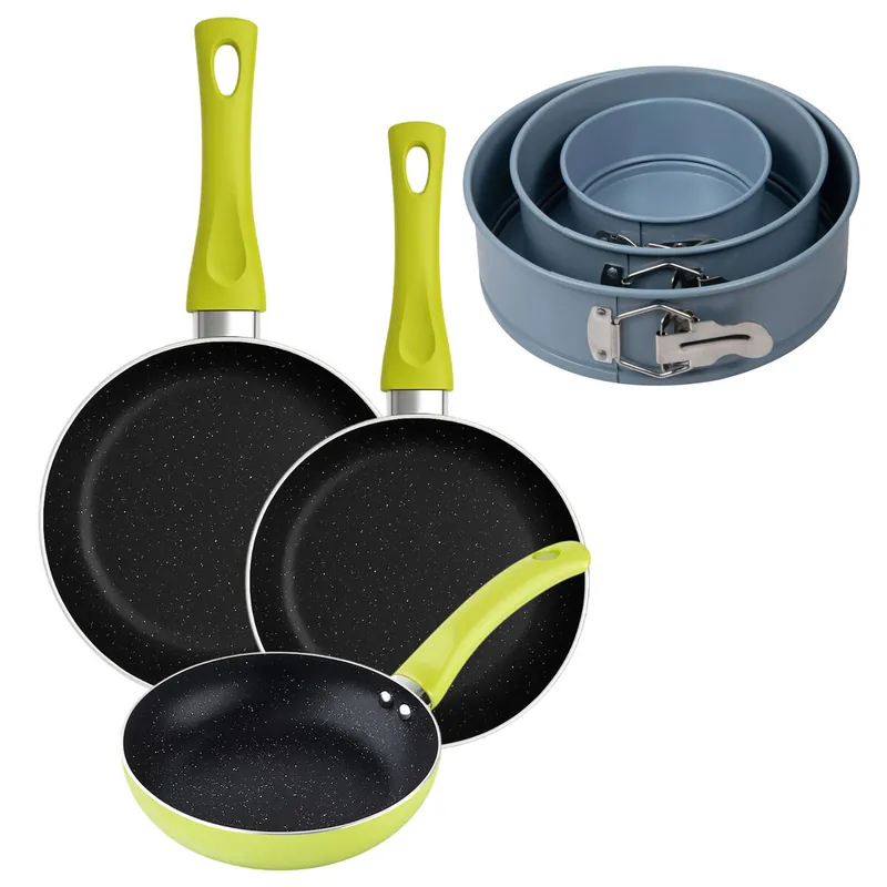 Set 3 sartenes San Ignacio (20+24+28cm) aluminio prensado verde+Juego de 3 moldes de horno redondos Ø12Ø18Ø22cm - Cocina