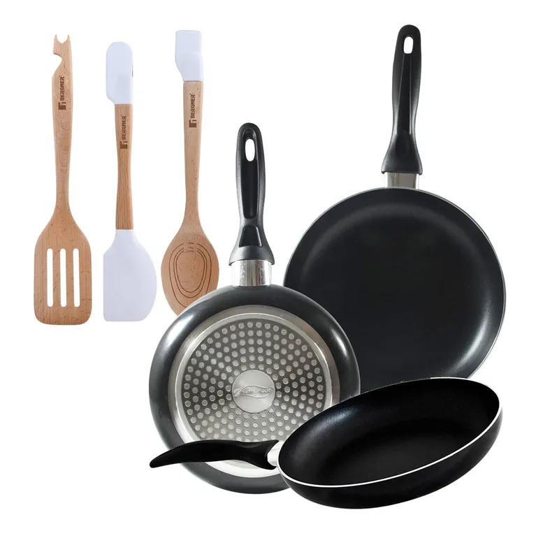 Set 3 sartenes San Ignacio(16,20,24cm) aluminio prensado, apto para inducción+Juego de 3 Utensilios de cocina en silicona y madera