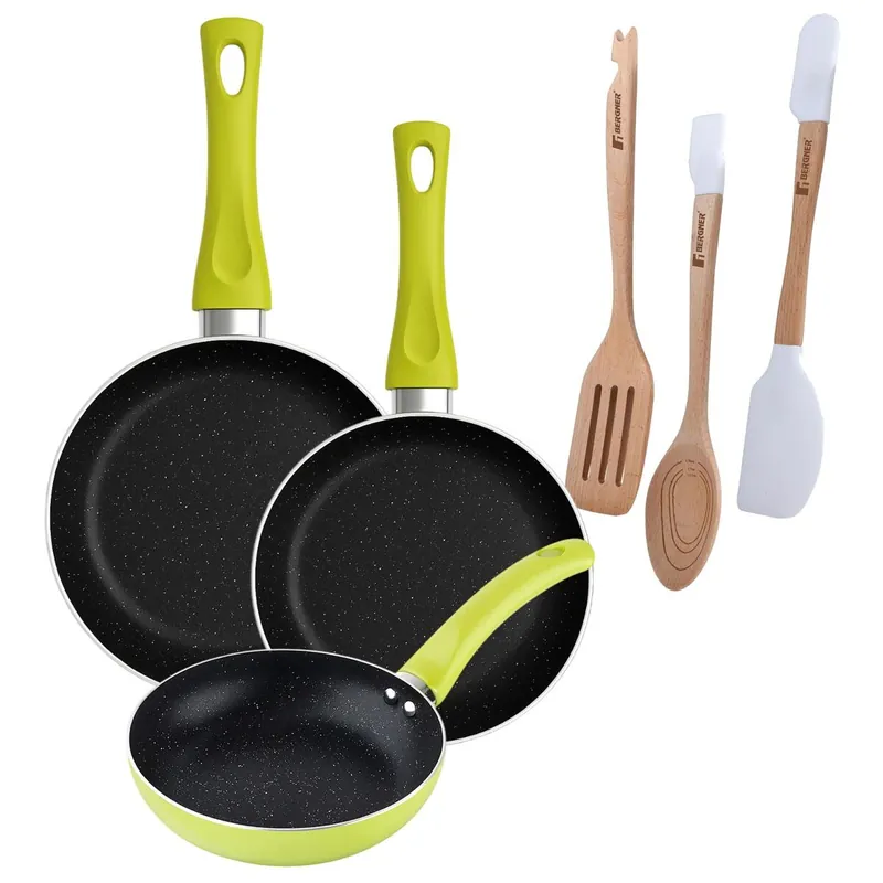Set 3 sartenes San Ignacio (20+24+28cm) aluminio prensado verde+Juego de 3 Utensilios de cocina en silicona y madera