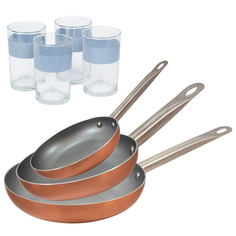 Set 3 sartenes San Ignacio (18,22,26cm) aluminio prensado, aptas para inducción+Juego de 4 Vasos de 0,5L - Cocina
