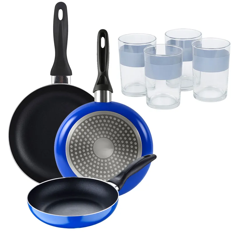 Set 3 sartenes San Ignacio (16+20+24cm) aluminio prensado ind azul+Juego de 4 Vasos de 0,5L - Cocina