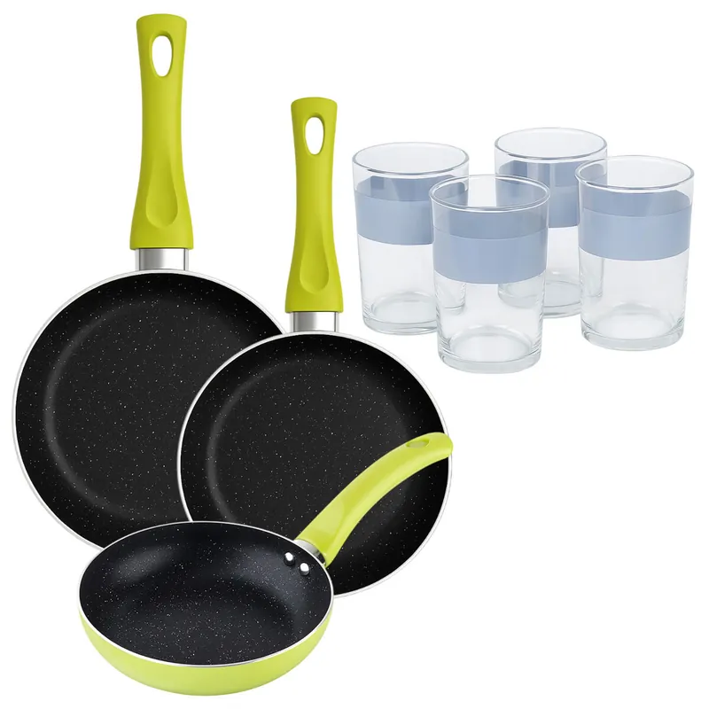 Set 3 sartenes San Ignacio (20+24+28cm) aluminio prensado verde+Juego de 4 Vasos de 0,5L - Cocina