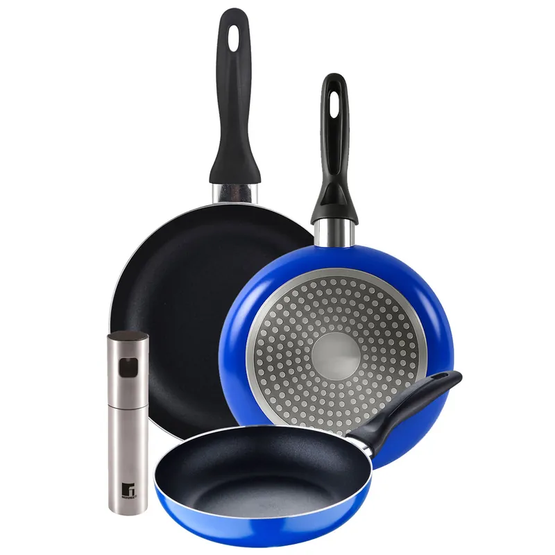 Set 3 sartenes San Ignacio (16+20+24cm) aluminio prensado ind azul+Pulverizador de Aceite y vinagre Ø4x17,5cm en acero inoxidable - Cocina
