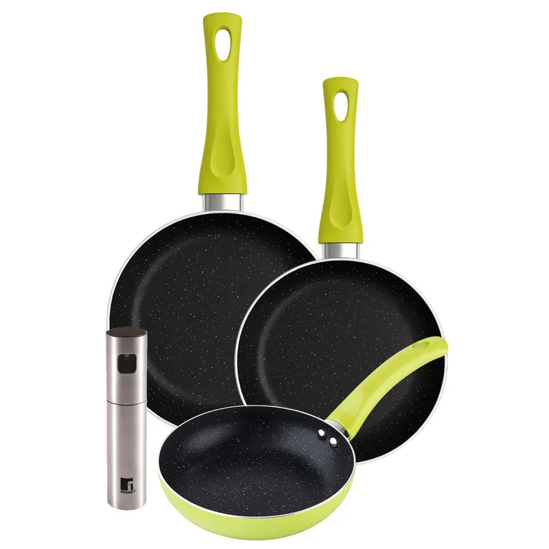 Set 3 sartenes San Ignacio (20+24+28cm) aluminio prensado verde+Pulverizador de Aceite y vinagre Ø4x17,5cm en acero inoxidable - Cocina