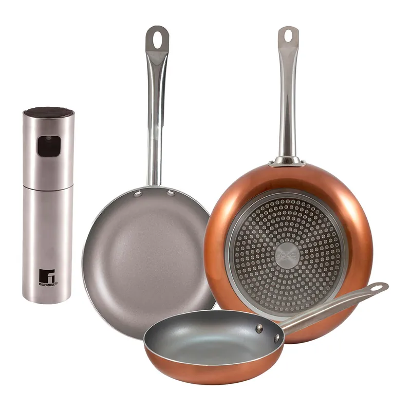 Set 3 sartenes San Ignacio (18,22,26cm) aluminio prensado, aptas para inducción+Pulverizador de Aceite y vinagre Ø4x17,5cm en acero inoxidable - Cocina