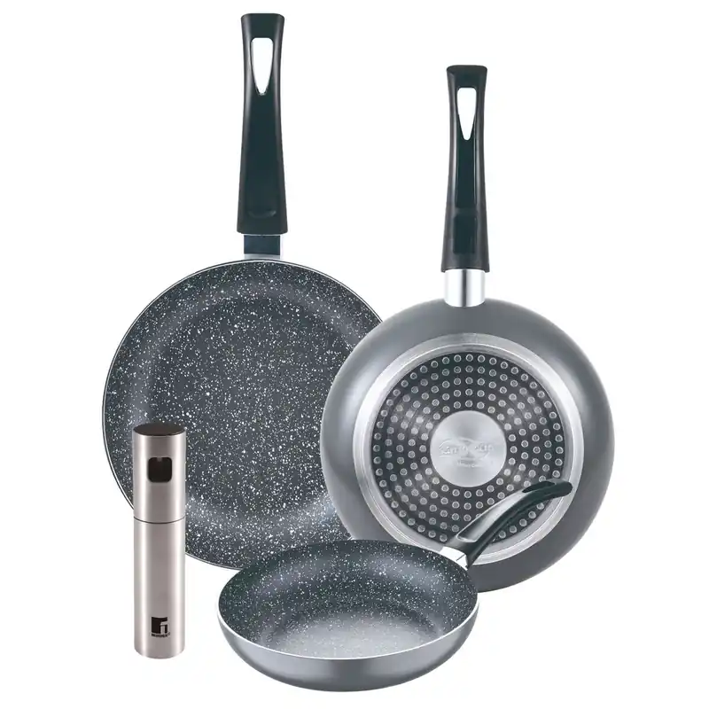 Set 3 sartenes San Ignacio (16+20+24cm) aluminio prensado ind negra+Pulverizador de Aceite y vinagre Ø4x17,5cm en acero inoxidable - Cocina