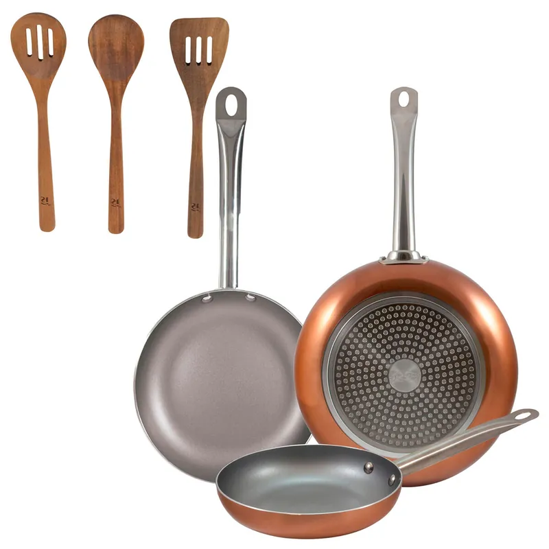 Set 3 sartenes San Ignacio (18,22,26cm) aluminio prensado, aptas para inducción+Set 3pc utensilios cocina madera acacia