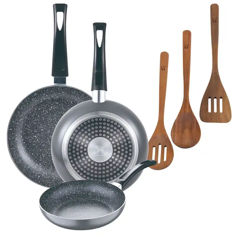 Set 3 sartenes San Ignacio (16+20+24cm) aluminio prensado ind negra+Set 3pc utensilios cocina madera acacia