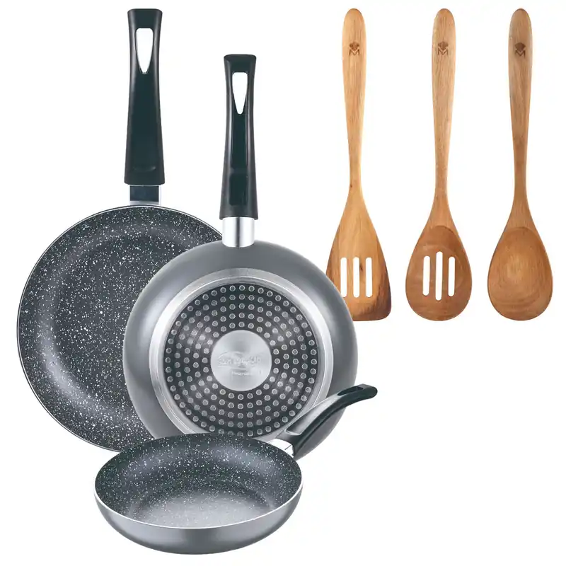 Set 3 sartenes San Ignacio (16+20+24cm) aluminio prensado ind negra+Set 3pcs utensilios de cocina acacia