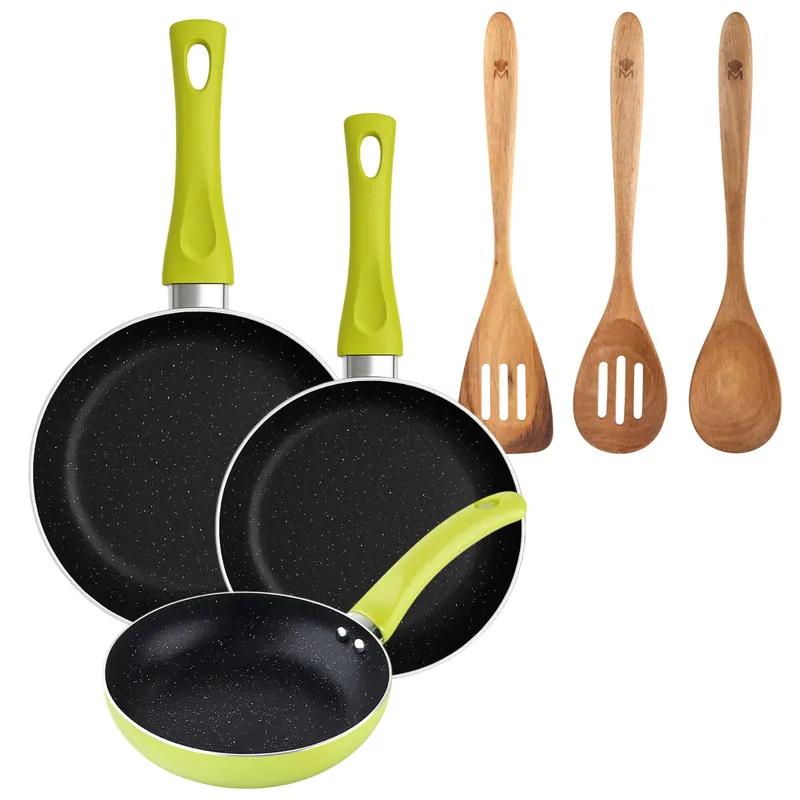 Set 3 sartenes San Ignacio (20+24+28cm) aluminio prensado verde+Set 3pcs utensilios de cocina acacia