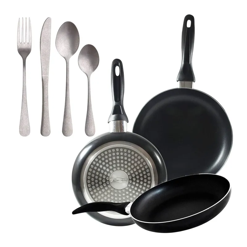 Set 3 sartenes San Ignacio(16,20,24cm) aluminio prensado, apto para inducción+Set de 16 Cubiertos en Acero Inoxidable - Cocina
