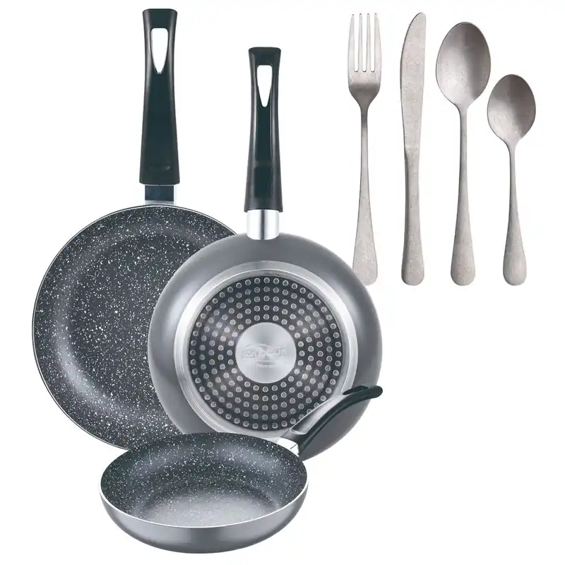 Set 3 sartenes San Ignacio (16+20+24cm) aluminio prensado ind negra+Set de 16 Cubiertos en Acero Inoxidable - Cocina