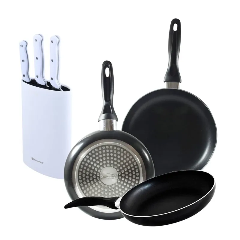 Set 3 sartenes San Ignacio(16,20,24cm) aluminio prensado, apto para inducción+Set de 3 Cuchillos con Tacoma en Acero inoxidable - Cocina