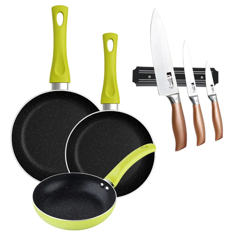 Set 3 sartenes San Ignacio (20+24+28cm) aluminio prensado verde+Set de 3 Cuchillos en acero inoxidable con Soporte magnético de pared - Cocina