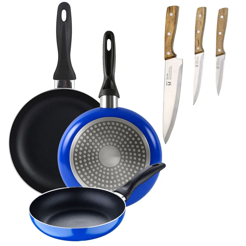 Set 3 sartenes San Ignacio (16+20+24cm) aluminio prensado ind azul+Set de 3 cuchillos de acero inoxidable para cocina