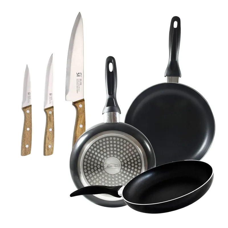 Set 3 sartenes San Ignacio(16,20,24cm) aluminio prensado, apto para inducción+Set de 3 cuchillos de acero inoxidable para cocina