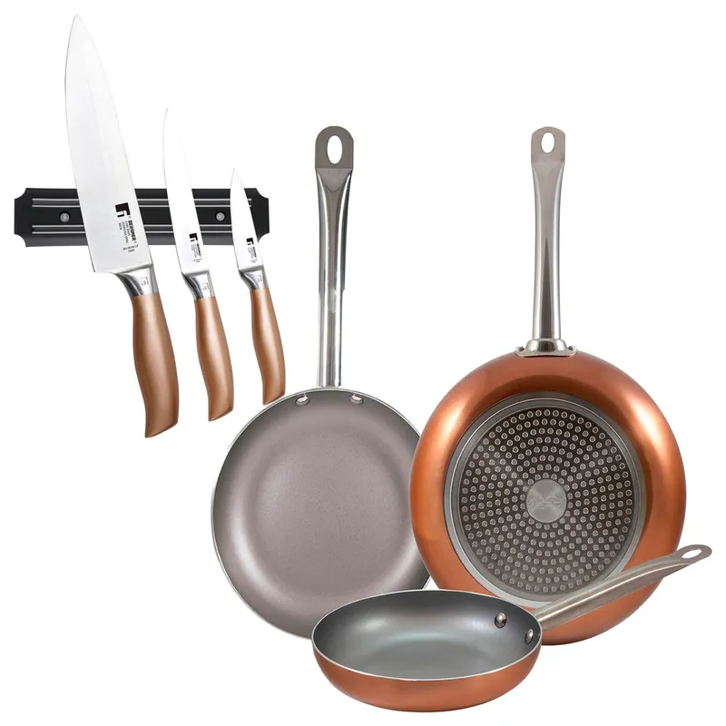 Set 3 sartenes San Ignacio (18,22,26cm) aluminio prensado, aptas para inducción+Set de 3 Cuchillos en acero inoxidable con Soporte magnético de pared - Cocina