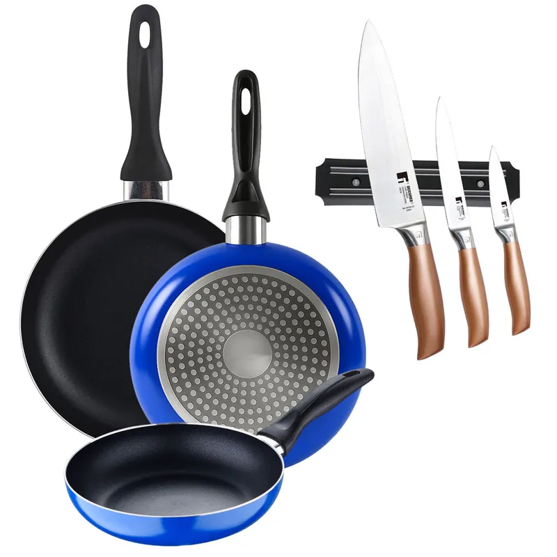 Set 3 sartenes San Ignacio (16+20+24cm) aluminio prensado ind azul+Set de 3 Cuchillos en acero inoxidable con Soporte magnético de pared - Cocina