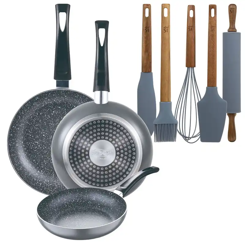 Set 3 sartenes San Ignacio (16+20+24cm) aluminio prensado ind negra+Set de 5 Utensilios de Cocina de Silicona y Madera de Acacia