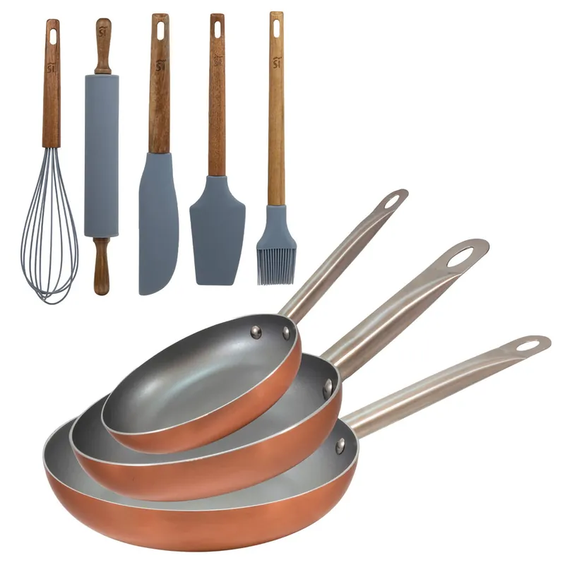 Set 3 sartenes San Ignacio (18,22,26cm) aluminio prensado, aptas para inducción+Set de 5 Utensilios de Cocina de Silicona y Madera de Acacia