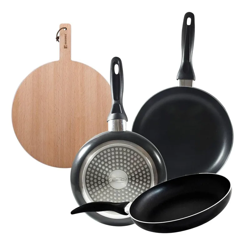 Set 3 sartenes San Ignacio(16,20,24cm) aluminio prensado, apto para inducción+Tabla de corte Redonda de 38x28x1,5cm en madera de haya - Cocina