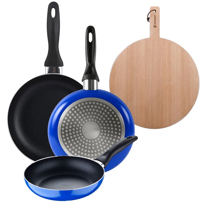 Set 3 sartenes San Ignacio (16+20+24cm) aluminio prensado ind azul+Tabla de corte Redonda de 38x28x1,5cm en madera de haya - Cocina