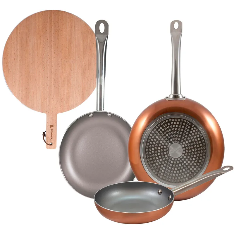 Set 3 sartenes San Ignacio (18,22,26cm) aluminio prensado, aptas para inducción+Tabla de corte Redonda de 38x28x1,5cm en madera de haya - Cocina