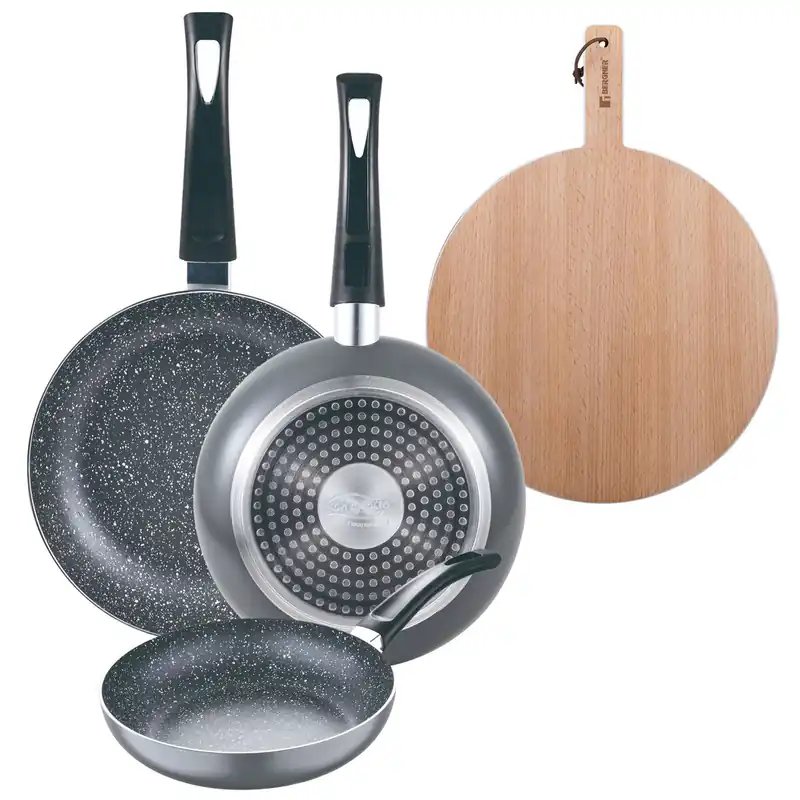 Set 3 sartenes San Ignacio (16+20+24cm) aluminio prensado ind negra+Tabla de corte Redonda de 38x28x1,5cm en madera de haya - Cocina