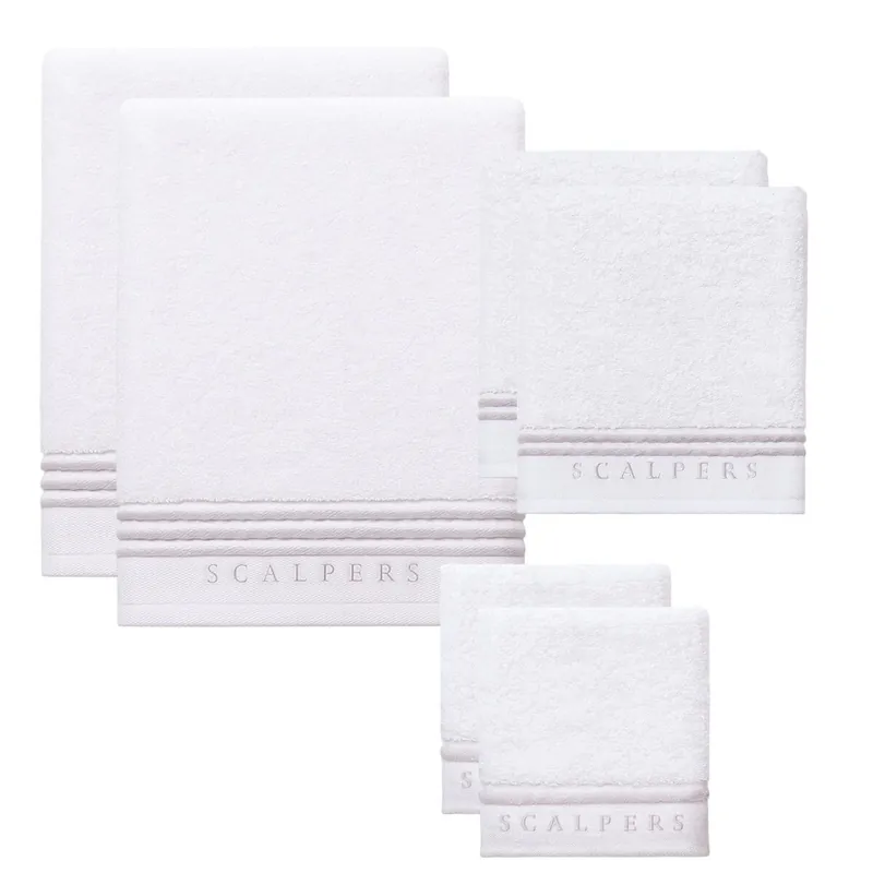 Set 6 toallas baño (2x tocador 30x50cm + 2x manos 50x90cm + 2x baño 70x140cm) 450GSM en algodón Blanco con gris Scalpers Home - Textil