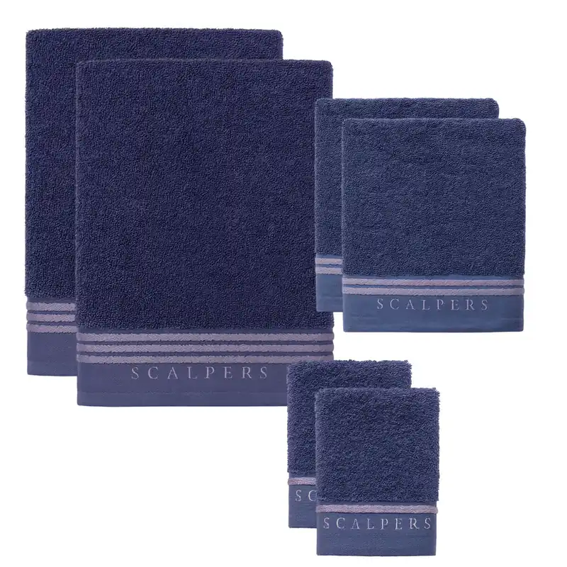 Set 6 toallas baño (2x tocador 30x50cm + 2x manos 50x90cm + 2x baño 70x140cm) 450GSM en algodón Azul con gris Scalpers Home - Textil